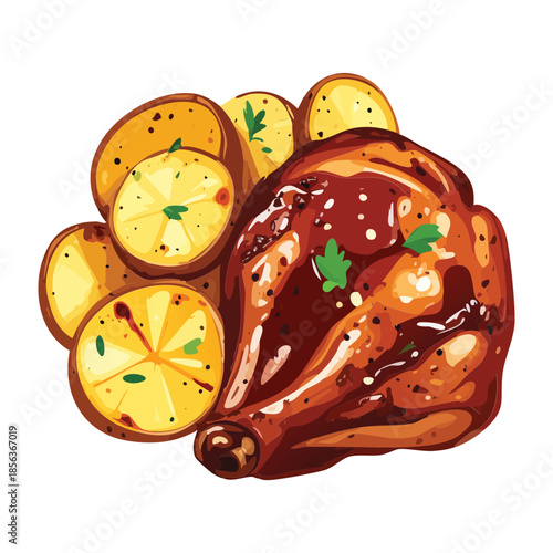 Crispy baked chicken with seasoned potato wedges and fresh garnish for a classic family dinner meal - Vector Illustration