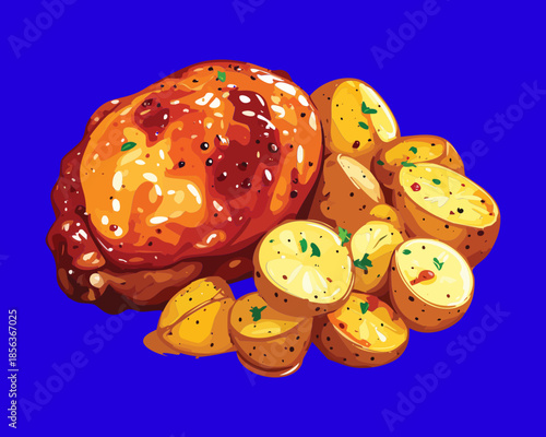 Roasted chicken leg served with golden crispy potatoes and herb seasoning on a bright blue surface - Vector Illustration