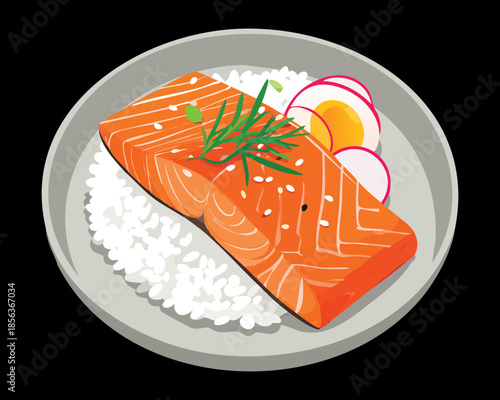 Pan seared salmon fillet served with fluffy rice and sliced radish on a dark elegant plate - Vector Illustration