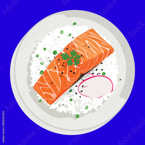 Healthy salmon steak on a bed of white rice with garnish and citrus elements on blue - Vector Illustration