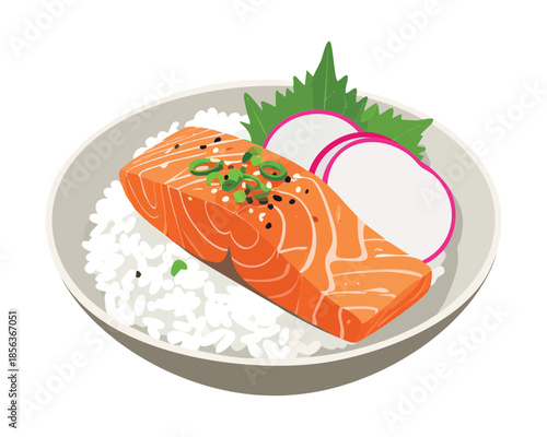 Fresh salmon fillet served over steamed white rice with radish slices and traditional japanese herbs - Vector Illustration