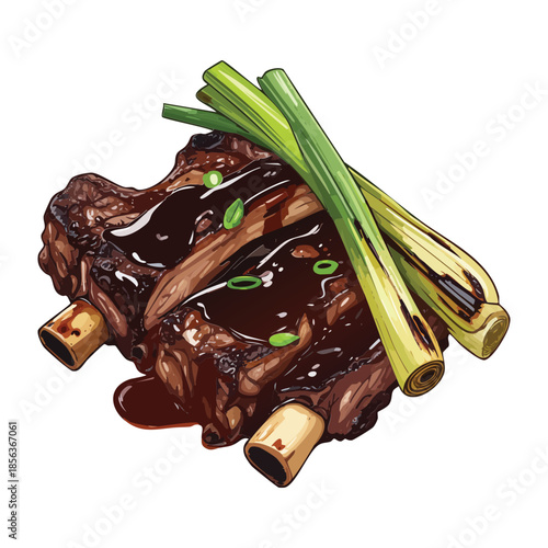 Succulent braised short ribs with green onions and thick brown glaze for a hearty meat dish - Vector Illustration