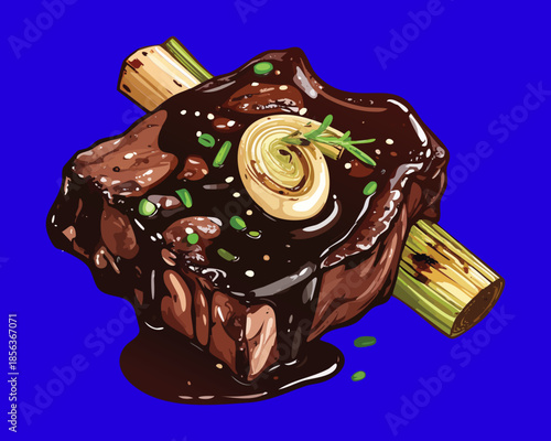 Gourmet grilled beef ribs with savory sauce and garnish on a bright blue creative design background - Vector Illustration