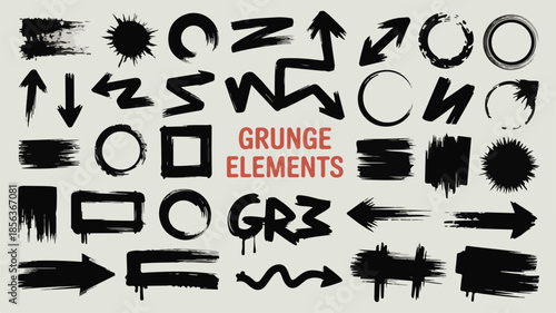 Collection of Black Grunge Elements Including Arrows, Circles, and Brush Strokes white background
