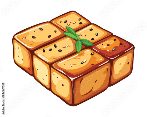 Healthy steamed tofu squares with herb garnish and savory seasoning presented on a clean white surface - Vector Illustration