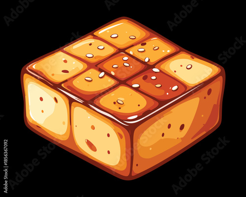 Delicious roasted tofu blocks with golden brown glaze and sesame toppings over a dark elegant contrast space - Vector Illustration