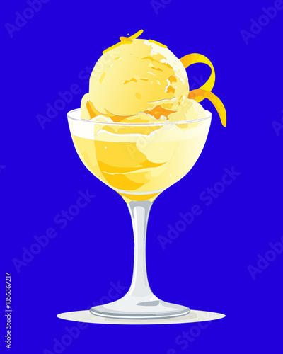 Refreshing citrus lemon gelato in glass cup with fresh yellow lemon peel garnish for summer dessert - Vector Illustration
