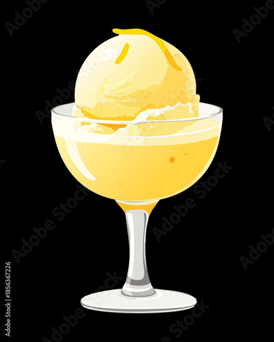Lemon sorbet ice cream scoop in elegant glass bowl for refreshing summer cold dessert menu design - Vector Illustration