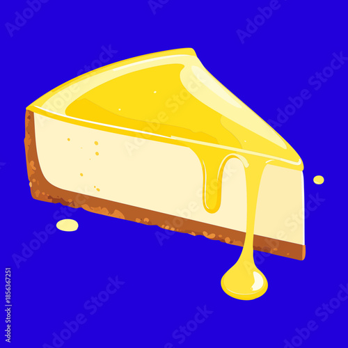 Slice of creamy cheesecake with liquid lemon curd sauce dripping over the side for bakery menu - Vector Illustration