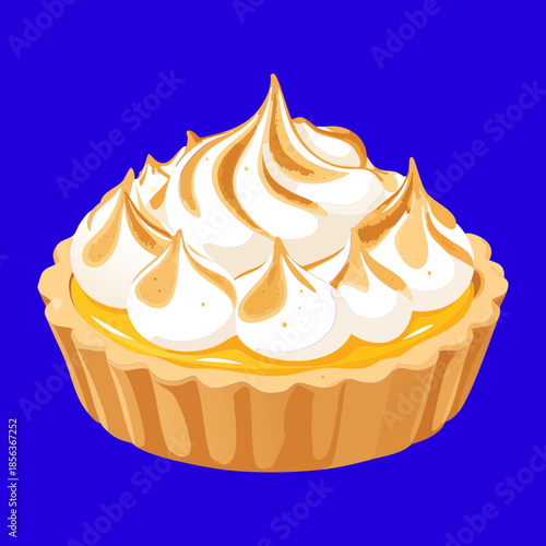 Traditional lemon meringue tart with buttery crust and toasted cream peaks on bright blue background design - Vector Illustration