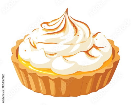 High quality lemon meringue pie with golden crust and mountain of white whipped cream topping swirls - Vector Illustration