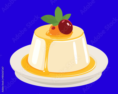 Gourmet italian panna cotta pudding with caramel sauce and berry leaf garnish on white serving plate - Vector Illustration
