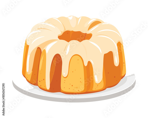 Delicious lemon bundt cake with white sugar glaze topping sweet dessert for bakery and pastry shop menu - Vector Illustration