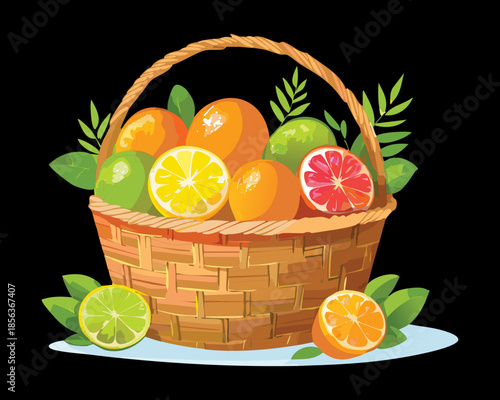 Abundant harvest of assorted citrus fruits in traditional wicker basket with green leaves on dark background - Vector Illustration