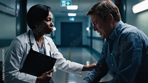 Female doctor comforting a worried man in a hospital corridor with a clipboard