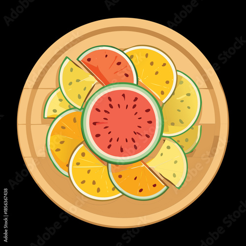 Sliced watermelon and melon wedges arranged on a round wooden platter for healthy summer snack - Vector Illustration