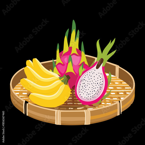 Selection of pink dragon fruit and ripe bananas on a bamboo tray for exotic fruit platter - Vector Illustration