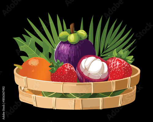 Exotic mangosteen and strawberry collection with tropical palm leaves in a rustic basket for food blog - Vector Illustration