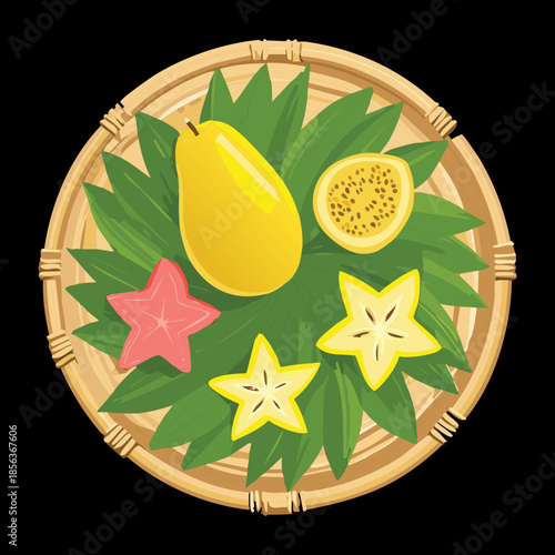 Whole mango and starfruit slices on a wooden plate with green leaves for exotic fruit platter - Vector Illustration
