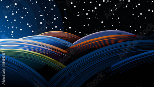 Abstract waves under a starry night sky with blue, orange, and brown color gradients and dark background