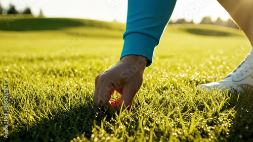 Hand touching grass in a wellmanicured lawn with a beautiful sunny background and a white shoe