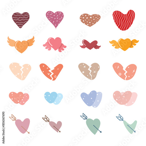 Valentine's day icons set with hearts and arrow isolated vector illustration