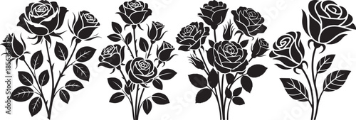 Elegant black rose floral silhouette collection with detailed botanical shapes for design use