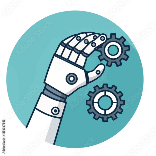 A robotic hand interacts with gears in a circular graphic design