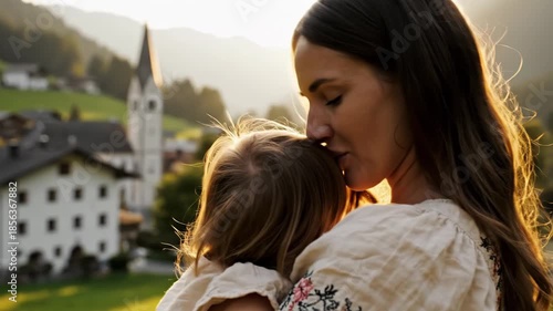 Close up of a mother and child embracing in a rural village with a church steeple in the background at sunset
