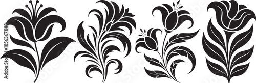 Creative black floral silhouette designs with flowing ornamental shapes for modern artwork