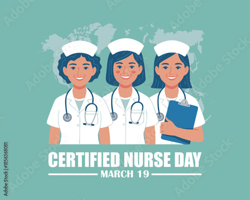 Certified Nurses Day vector. Male and female nurses in blue uniform vector. Man and woman nurses icon set vector. Certified Nurses Day Poster, March 19. Important day