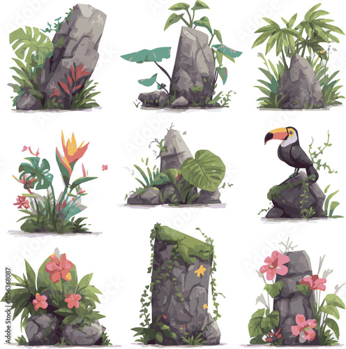  Isolated on Jungle stone vector object set, exotic plants, liana collection, tropical flowers, parrot, toucan, creepers. Jungle stone, rocks, leaf vector illustration
