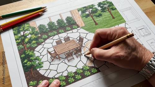 A hand holding a pencil coloring a garden landscape design on a piece of paper with colored pencils on a wooden table
