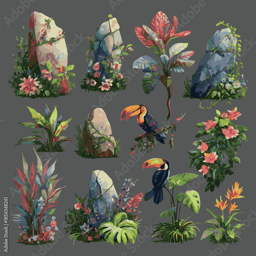  Isolated on Jungle stone vector object set, exotic plants, liana collection, tropical flowers, parrot, toucan, creepers. Jungle stone, rocks, leaf vector illustration