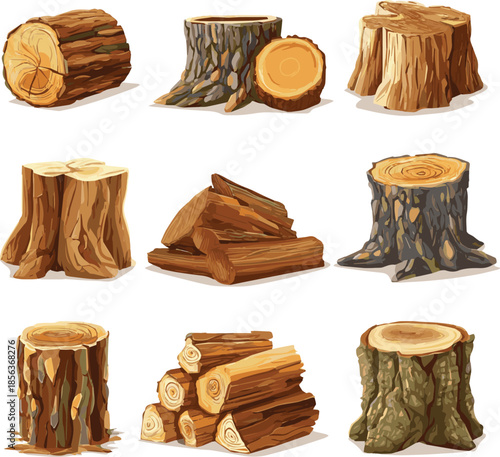 Isolated on Tree trunk vector set, wooden log stump nature object kit, cut timber, bark. Cut firewood pile, forest oak ring, woodcutter clipart isolated on white. vector icon illustration