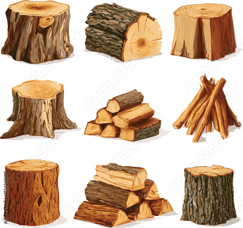 Vector Set of wooden logs, wooden log stump nature object kit, cut timber, bark. Cut firewood pile, forest oak ring, woodcutter clipart isolated on white.