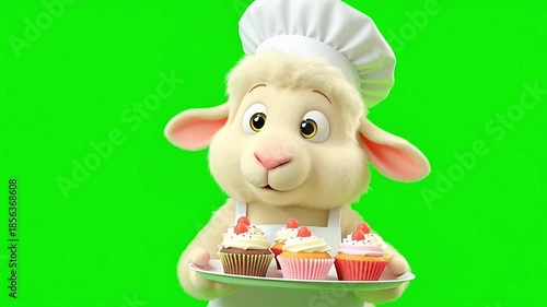 Wallpaper Mural Playful cartoon sheep chef holding a tray filled with freshly baked, sweet, and vibrantly decorated cupcakes, ready for various creative culinary and children's projects Torontodigital.ca
