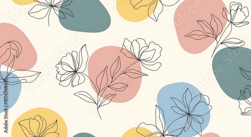 Wallpaper Mural Floral pattern with pastel colored circles and sketched botanical elements Torontodigital.ca