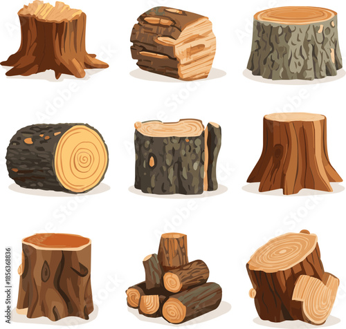 Isolated on Tree trunk vector set, wooden log stump nature object kit, cut timber, bark. Cut firewood pile, forest oak ring, woodcutter clipart isolated on white.  vector icon illustration