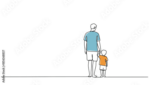 Minimalist continuous line art illustration of a father and son walking together representing family bonding parenting and childhood development.