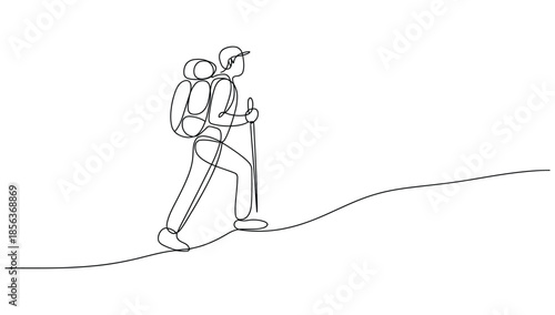 Minimalist continuous line art illustration of a man with a backpack hiking uphill using a trekking pole for adventure travel.