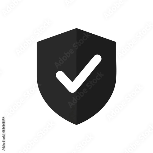 A black shield icon with a white checkmark on a plain white background, conveying security and verification.