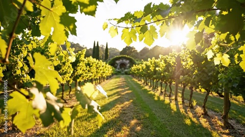 Sunlit vineyard with lush green leaves and rows of grapevines