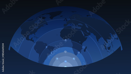 Stylized world map in blue tones with concentric circles emanating from a central point below the globe