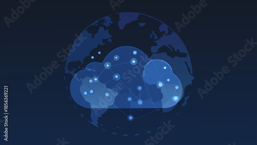 Digital world globe with cloud network connected by nodes in a dark blue technology background