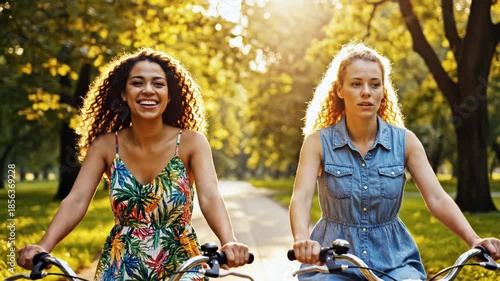 Two women riding bicycles on a park path during a sunny day with trees and grass