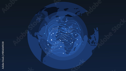Blue world globe with network connections and data flow representing global communication and technology