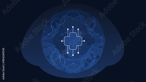 Abstract representation of a brain with a central processing unit in a dark blue color scheme design