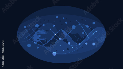 Abstract blue design featuring interconnected circles and lines within an oval shape on dark background