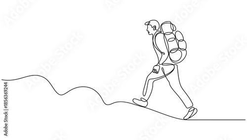 Minimalist continuous line art illustration of a man hiking uphill with a backpack representing travel adventure exploration and active lifestyle.